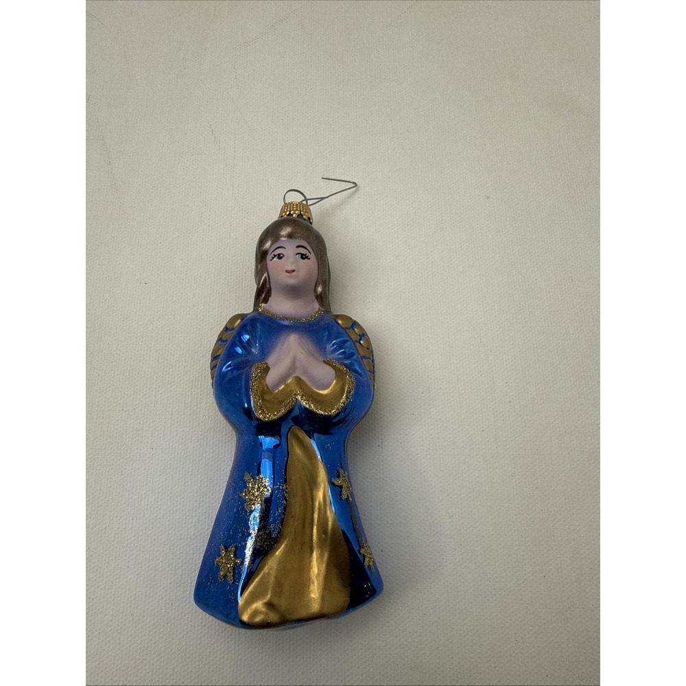 Glass Angel Christmas Ornament Dressed In Blue & Gold‎ Gown With Glitter Germany